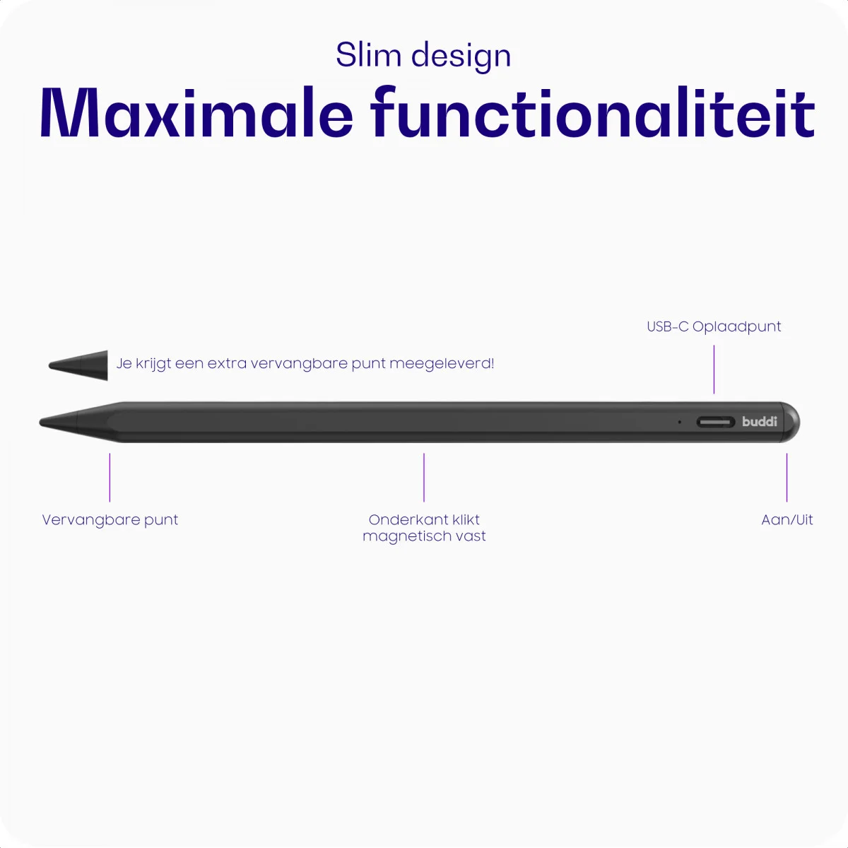Buddi Flow Universele Actieve Stylus Pen met USB-C Poort Zwart afbeelding 4