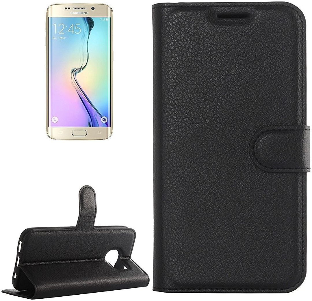 Samsung Galaxy S6 Edge Litchi Stand Case Zwart afbeelding 2