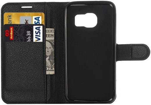Samsung Galaxy S6 Edge Litchi Stand Case Zwart afbeelding 3