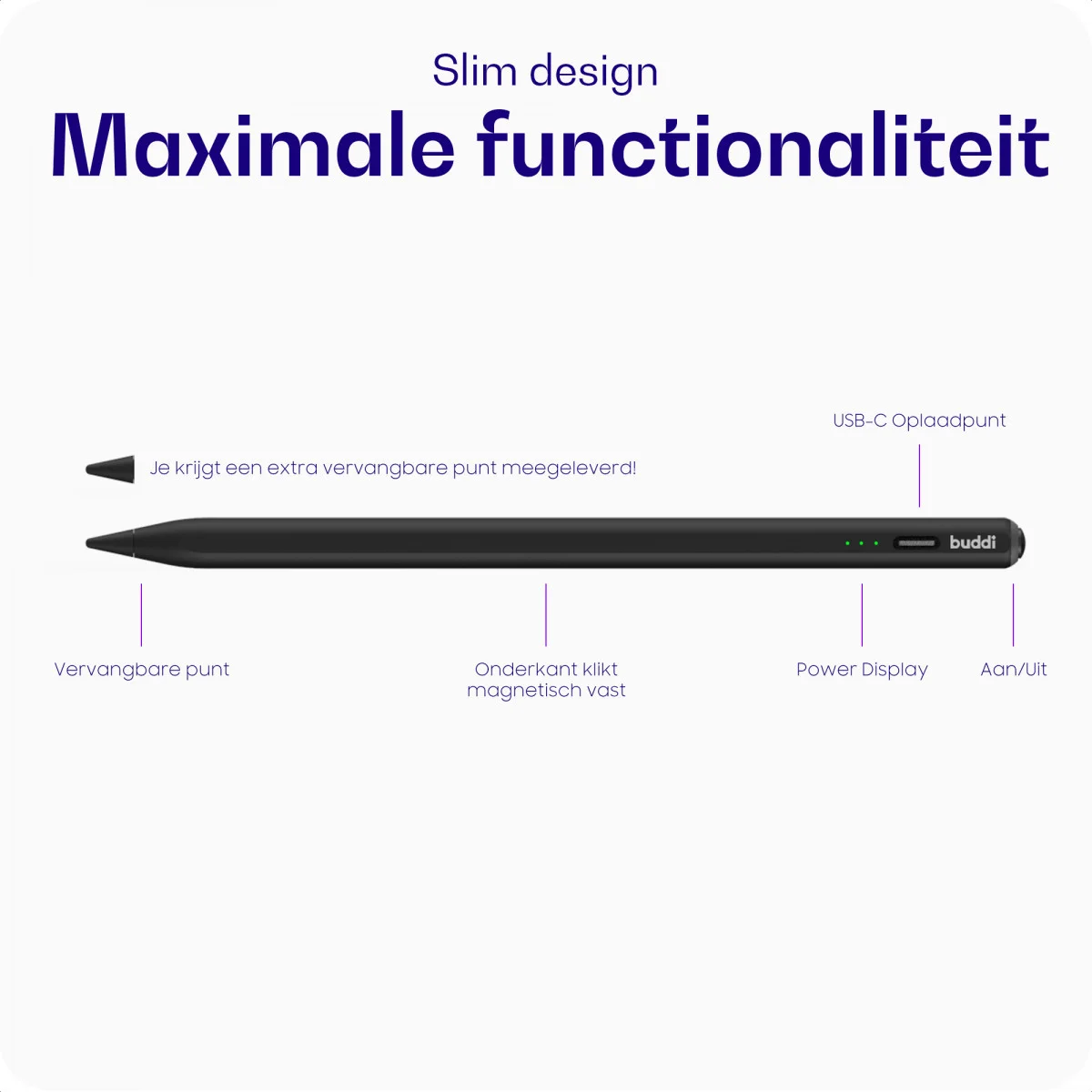 Buddi Wave Actieve Stylus Pen met Handpalmrejectie (voor iPad) Zwart afbeelding 2