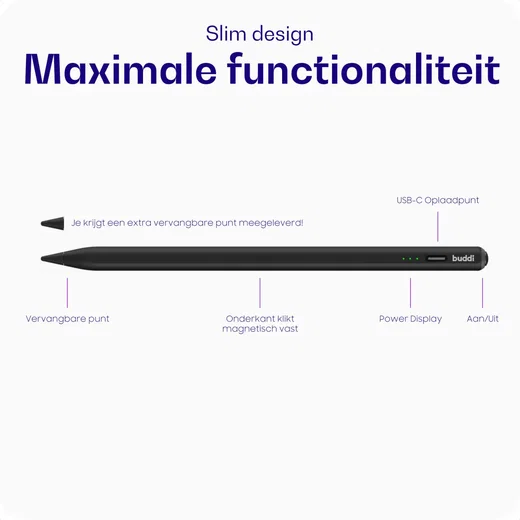 Buddi Wave Actieve Stylus Pen met Handpalmrejectie (voor iPad) Zwart afbeelding 2