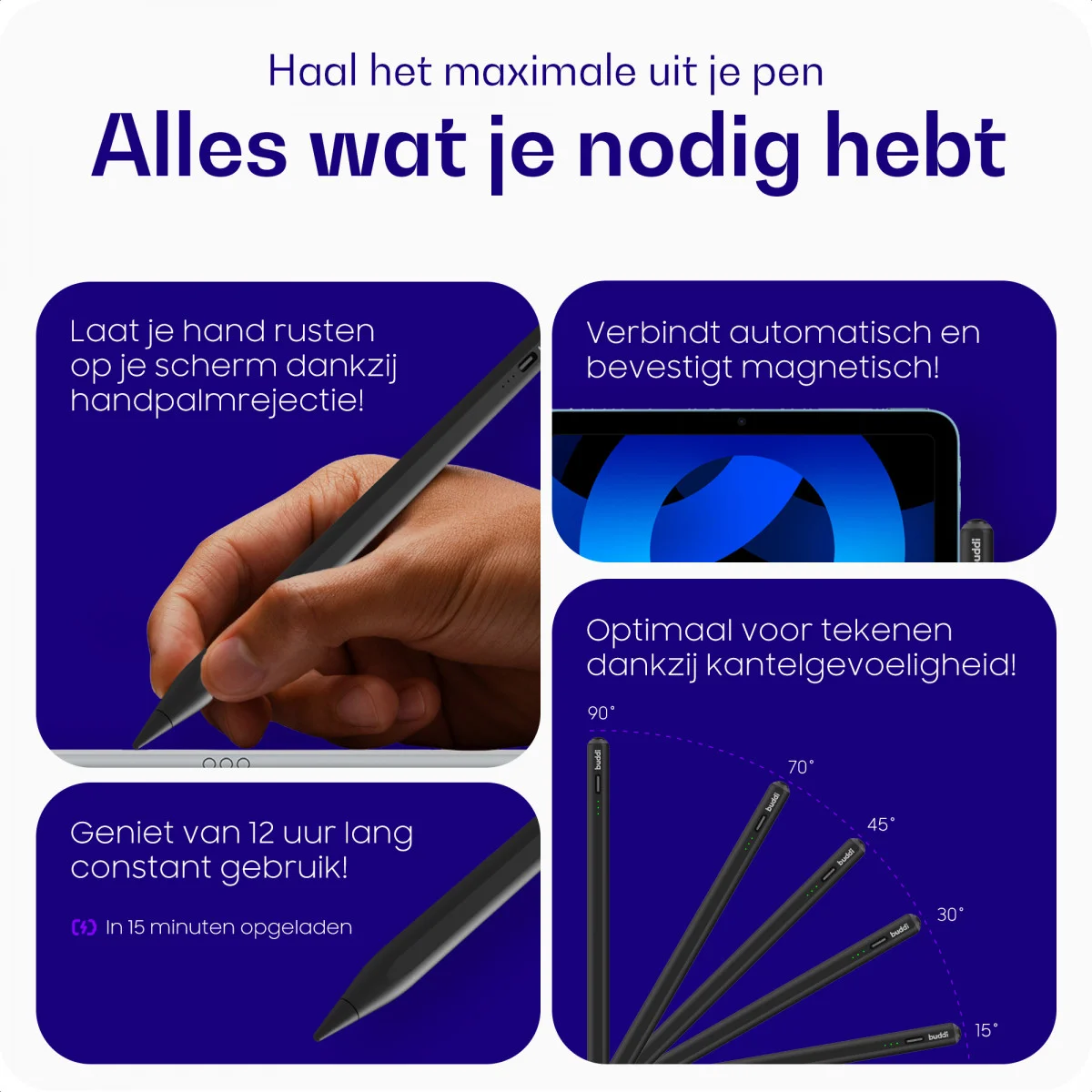 Buddi Wave Actieve Stylus Pen met Handpalmrejectie (voor iPad) Zwart afbeelding 4