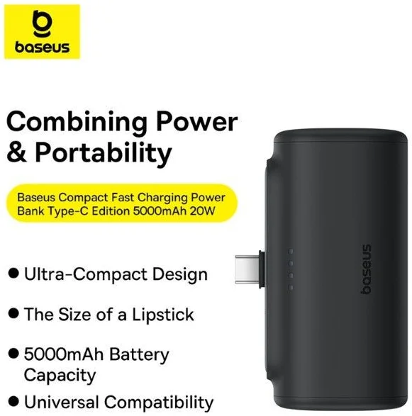 Baseus (20W) Power Delivery Mini Powerbank met USB-C Connector 5.000 mAh Zwart afbeelding 3
