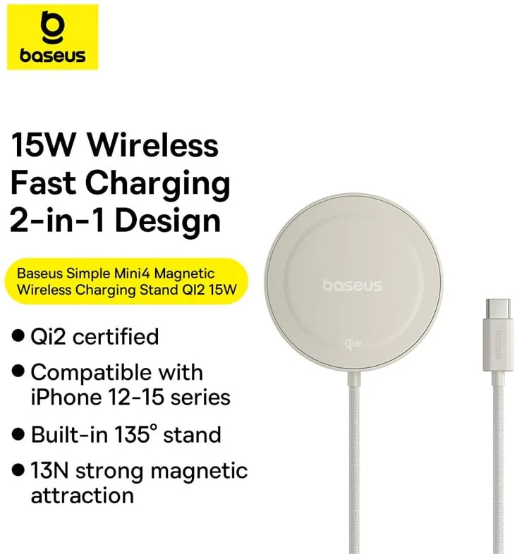 Baseus Simple Mini4 Qi2 MagSafe Draadloze Oplader 15W Zwart afbeelding 3