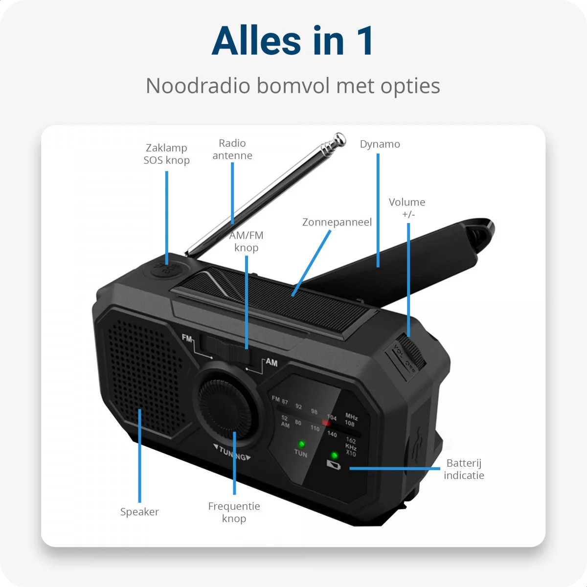 Zonnepaneel Powerbank met Opwindbare Noodradio 1.200 mAh en Zaklamp Zwart afbeelding 3