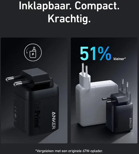 Anker 67W GaN Wall Charger 3-Poorts Inklapbare Snellader Zwart afbeelding 3