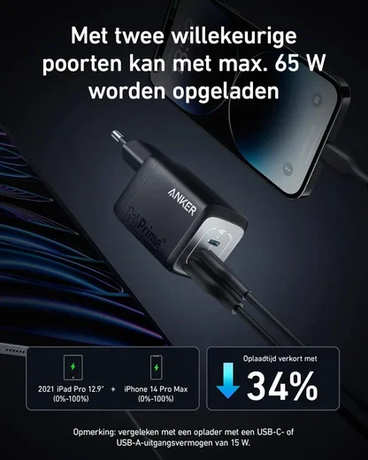 Anker 67W GaN Wall Charger 3-Poorts Inklapbare Snellader Zwart afbeelding 6