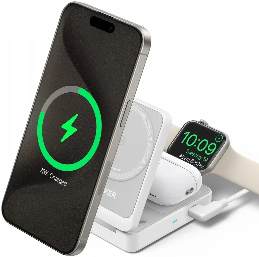 Anker MagGo Fold (15W) 3-in-1 Qi2 / MagSafe Draadloos Oplaadstation Wit afbeelding 1