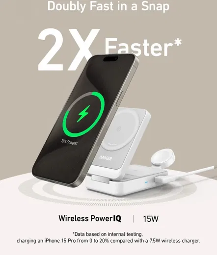 Anker MagGo Fold (15W) 3-in-1 Qi2 / MagSafe Draadloos Oplaadstation Wit afbeelding 4