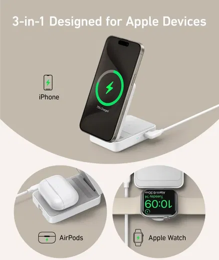 Anker MagGo Fold (15W) 3-in-1 Qi2 / MagSafe Draadloos Oplaadstation Wit afbeelding 5