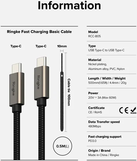Ringke 3A Fast Charging Basic USB-C naar USB-C Kabel 60W 0.5M Zwart afbeelding 10