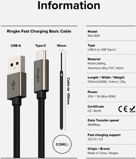 Ringke 3A Fast Charging Basic USB-A naar USB-C Kabel 12W 0.5M Zwart afbeelding 9
