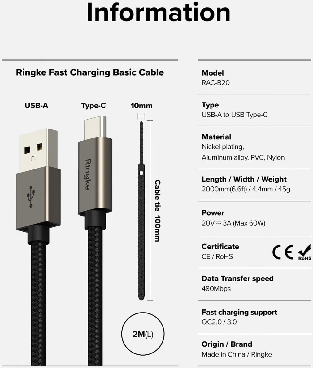 Ringke 3A Fast Charging Basic USB-A naar USB-C Kabel 60W 2M Zwart afbeelding 9