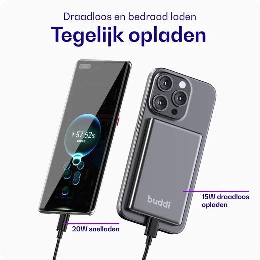 Buddi Connect 10.000mAh MagSafe Powerbank 20W USB-C Draadloos Zwart Snellader afbeelding 10