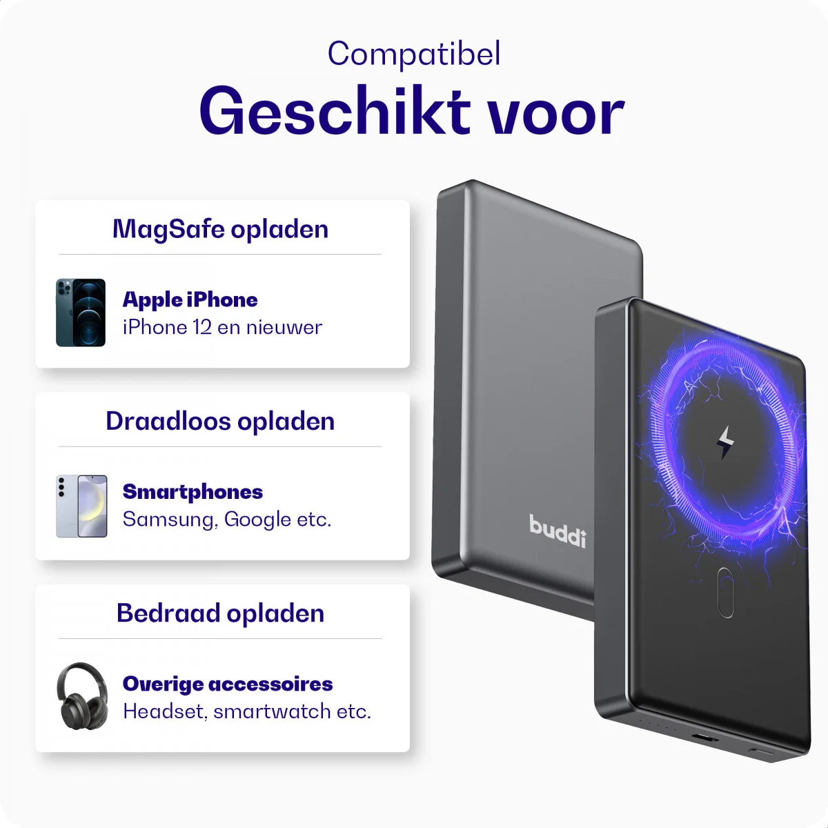 Buddi Connect 10.000mAh MagSafe Powerbank 20W USB-C Draadloos Zwart Snellader afbeelding 12