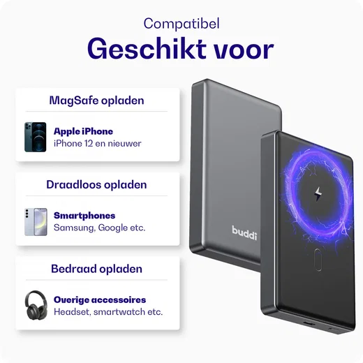 Buddi Connect 10.000mAh MagSafe Powerbank 20W USB-C Draadloos Zwart Snellader afbeelding 12