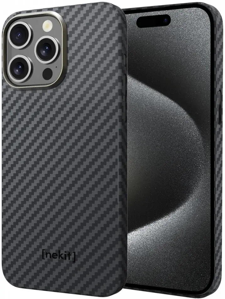 NEKIT Fiber Apple iPhone 15 Pro Hoesje MagSafe Kevlar Back Cover Dun Zwart afbeelding 2
