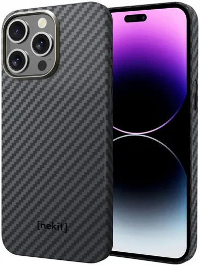NEKIT Fiber Apple iPhone 14 Pro Hoesje MagSafe Kevlar Back Cover Dun Zwart afbeelding 2