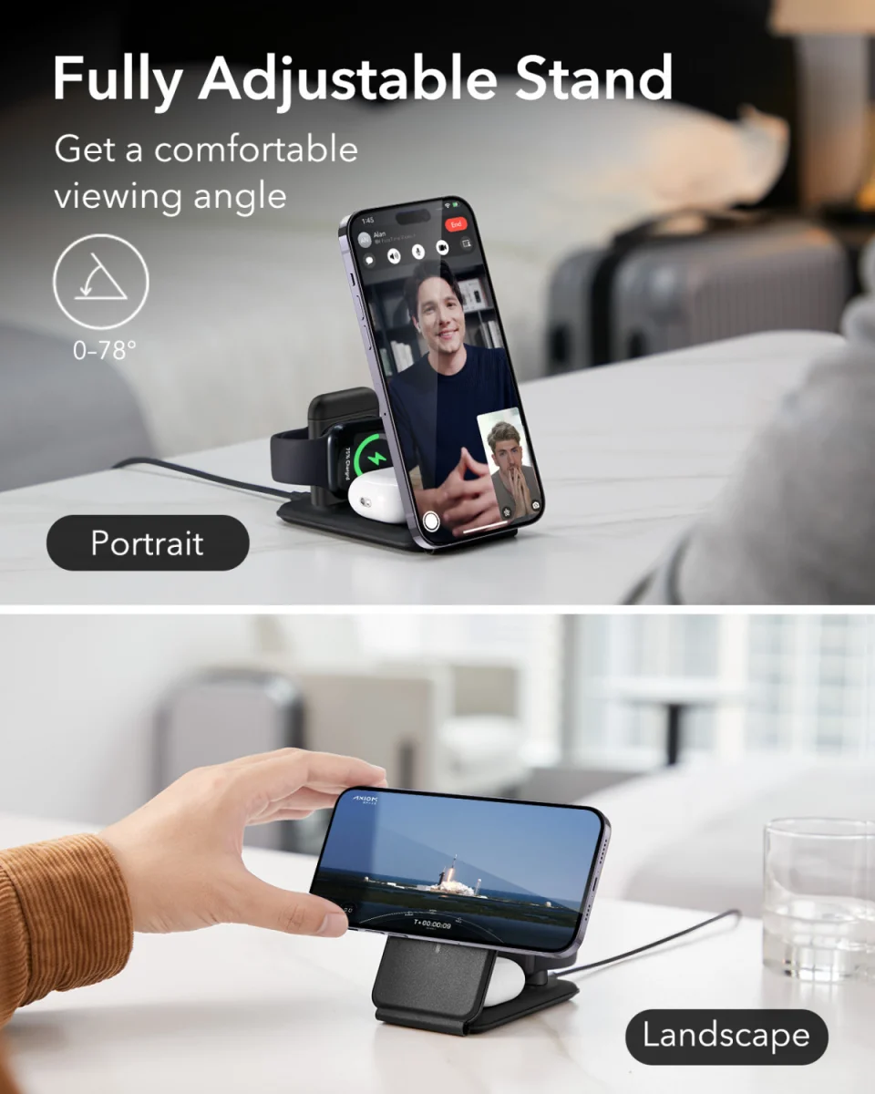 ESR HaloLock MagSafe Oplader iPhone/AirPods/Apple Watch Reisset 15W Zwart afbeelding 8