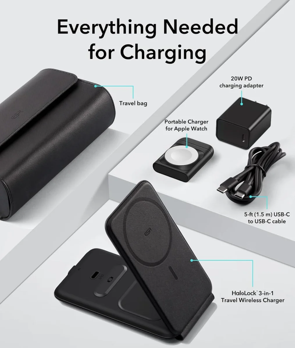 ESR HaloLock MagSafe Oplader iPhone/AirPods/Apple Watch Reisset 15W Zwart afbeelding 9