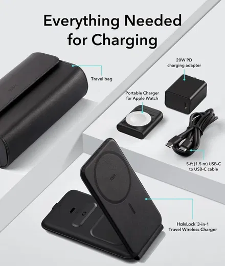 ESR HaloLock MagSafe Oplader iPhone/AirPods/Apple Watch Reisset 15W Zwart afbeelding 9