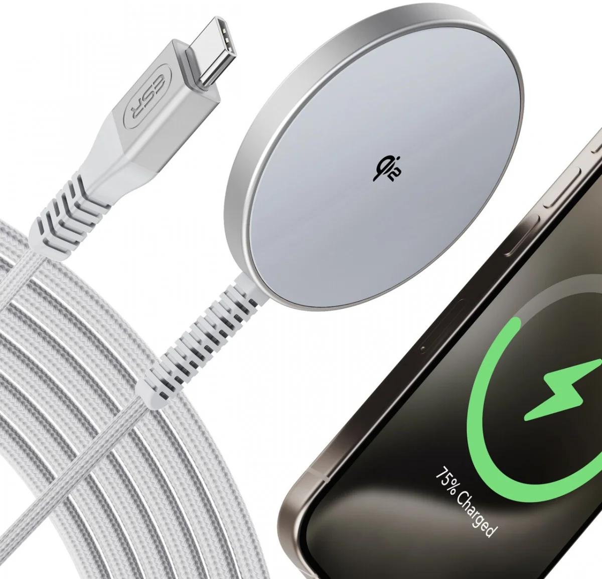 ESR HaloLock Mini Qi2 met MagSafe 15W Draadloze Oplader 1.5M Kabel Zilver afbeelding 1