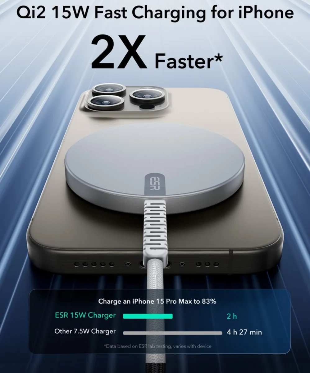 ESR HaloLock Mini Qi2 met MagSafe 15W Draadloze Oplader 1.5M Kabel Zilver afbeelding 3
