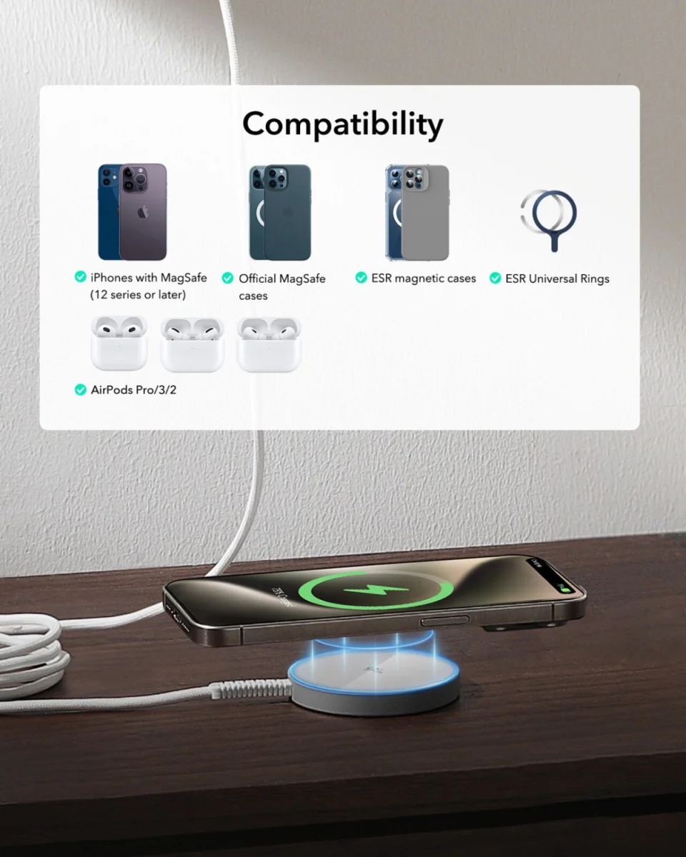 ESR HaloLock Mini Qi2 met MagSafe 15W Draadloze Oplader 1.5M Kabel Zilver afbeelding 7