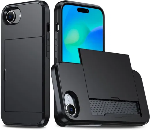 Apple iPhone 16e Hoesje met Slider Kaarthouder Back Cover Zwart afbeelding 1