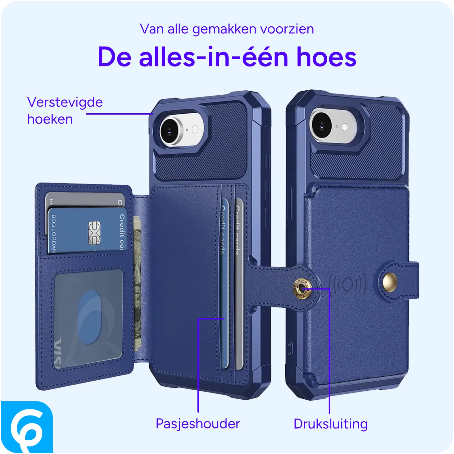 Apple iPhone 17e / 16e TPU Back Cover met Kunstleren Wallet Blauw afbeelding 5