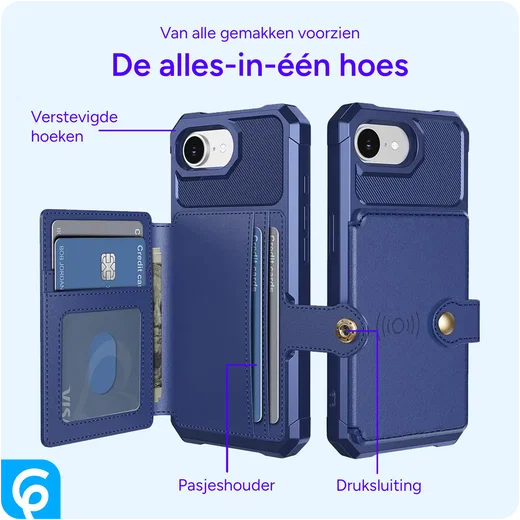 Apple iPhone 17e / 16e TPU Back Cover met Kunstleren Wallet Blauw afbeelding 5