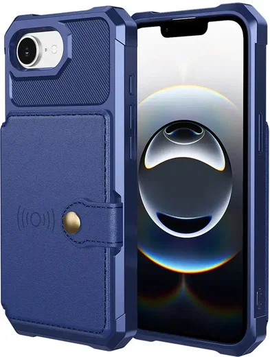 Apple iPhone 17e / 16e TPU Back Cover met Kunstleren Wallet Blauw afbeelding 10
