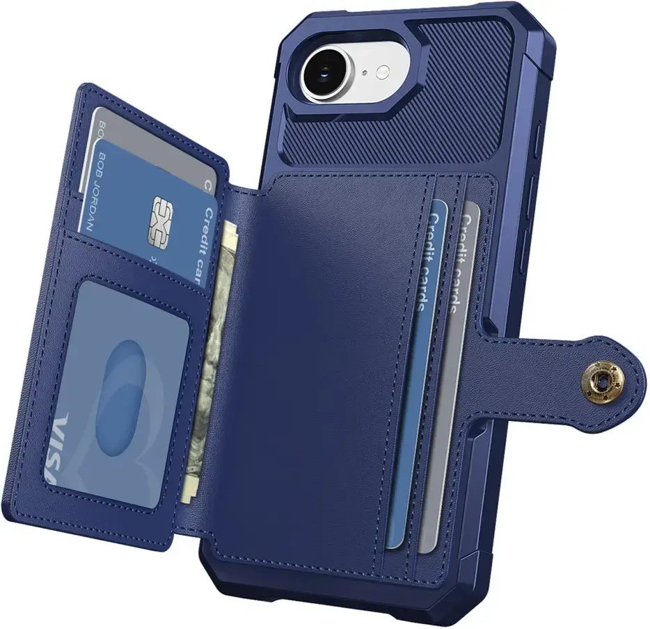 Apple iPhone 17e / 16e TPU Back Cover met Kunstleren Wallet Blauw afbeelding 11