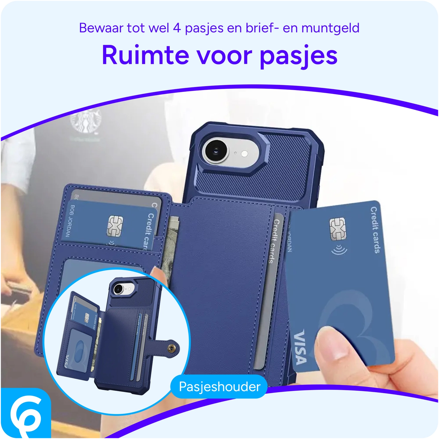 Apple iPhone 17e / 16e TPU Back Cover met Kunstleren Wallet Blauw afbeelding 2