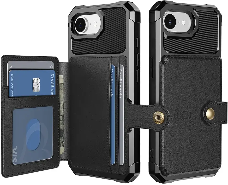 Apple iPhone 17e / 16e TPU Back Cover met Kunstleren Wallet Zwart afbeelding 1