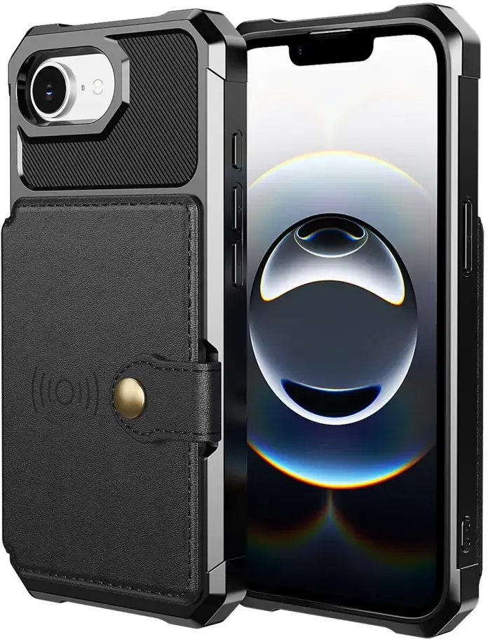 Apple iPhone 17e / 16e TPU Back Cover met Kunstleren Wallet Zwart afbeelding 10