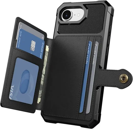 Apple iPhone 17e / 16e TPU Back Cover met Kunstleren Wallet Zwart afbeelding 11