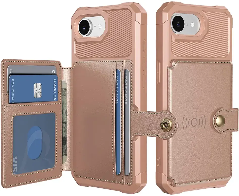 Apple iPhone 17e / 16e TPU Back Cover met Kunstleren Wallet Roze afbeelding 1