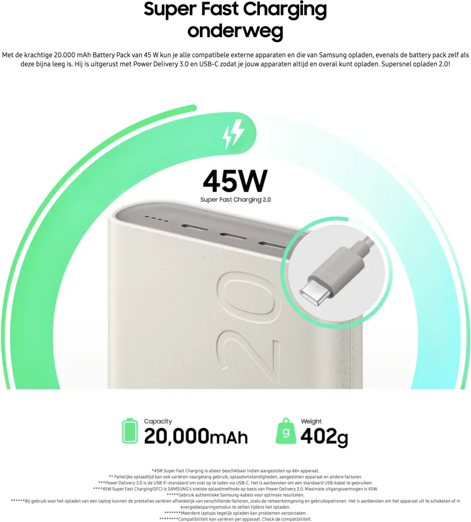 Originele Samsung 45W Fast Charge Trio USB-C Powerbank 20.000 mAh Beige afbeelding 2