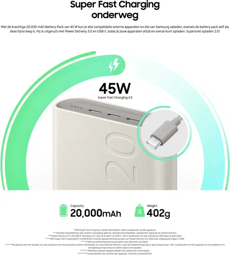 Originele Samsung 45W Fast Charge Trio USB-C Powerbank 20.000 mAh Beige afbeelding 2