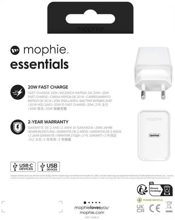 Mophie Essentials Duurzame USB-C Power Adapter 20W Wit afbeelding 6