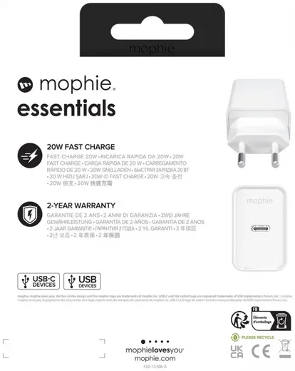 Mophie Essentials Duurzame USB-C Power Adapter 20W Wit afbeelding 6