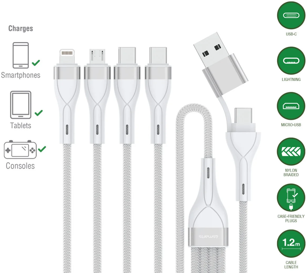 4smarts 4-in-2 15W USB/USB-C naar 2x USB-C/Lightning/Micro USB Kabel 1.2M Wit afbeelding 2