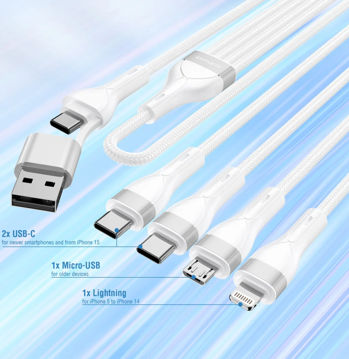 4smarts 4-in-2 15W USB/USB-C naar 2x USB-C/Lightning/Micro USB Kabel 1.2M Wit afbeelding 3