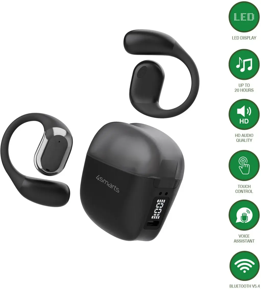 4smarts OWS SkyBuds Draadloze Oordopjes 5.4 Bluetooth Oortjes met Oorhaken Zwart afbeelding 10