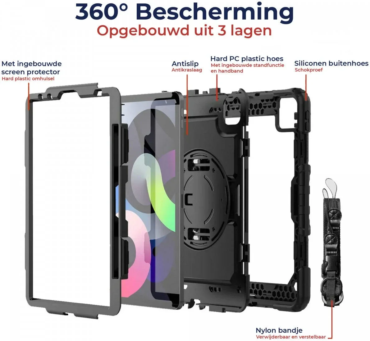 iPad Air 11 (2024/2025/2026) Hoes met Screenprotector Hand- & Schouderriem Zwart afbeelding 4