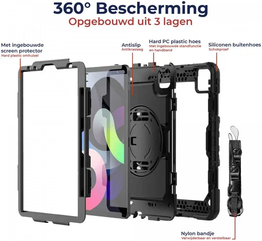 iPad Air 11 (2024/2025/2026) Hoes met Screenprotector Hand- & Schouderriem Zwart afbeelding 4