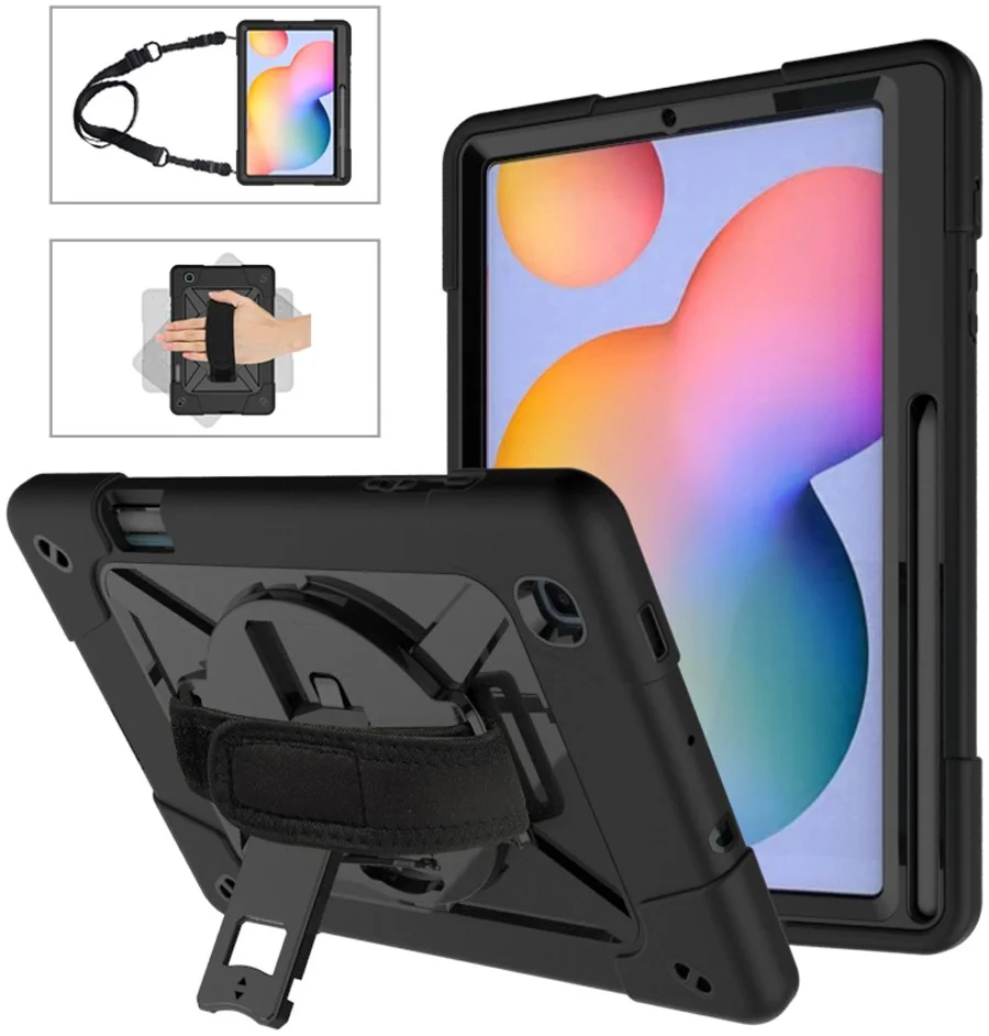 Samsung Galaxy Tab S6 Lite Hoes Back Cover met Kickstand en Handriem Zwart afbeelding 1