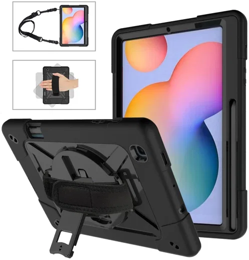 Samsung Galaxy Tab S6 Lite Hoes Back Cover met Kickstand en Handriem Zwart afbeelding 1