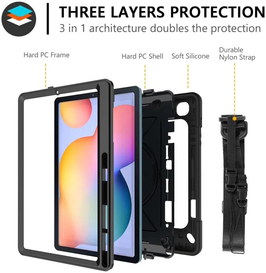Samsung Galaxy Tab S6 Lite Hoes Back Cover met Kickstand en Handriem Zwart afbeelding 3